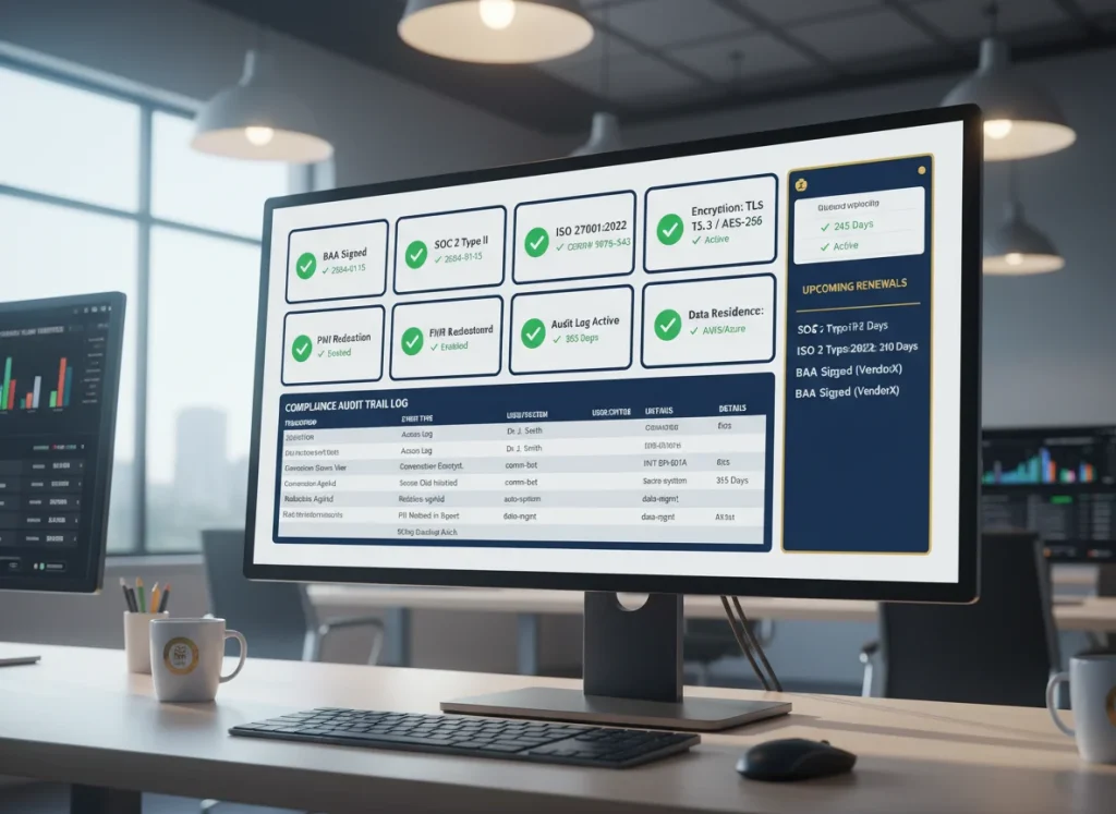 HIPAA compliance dashboard showing BAA, SOC 2, ISO 27001, encryption, PHI redaction, EHR certification, and audit logging status indicators