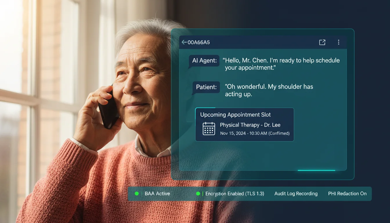 HIPAA-compliant AI voice agent assisting a patient with 24/7 appointment scheduling while integrating with the EHR
