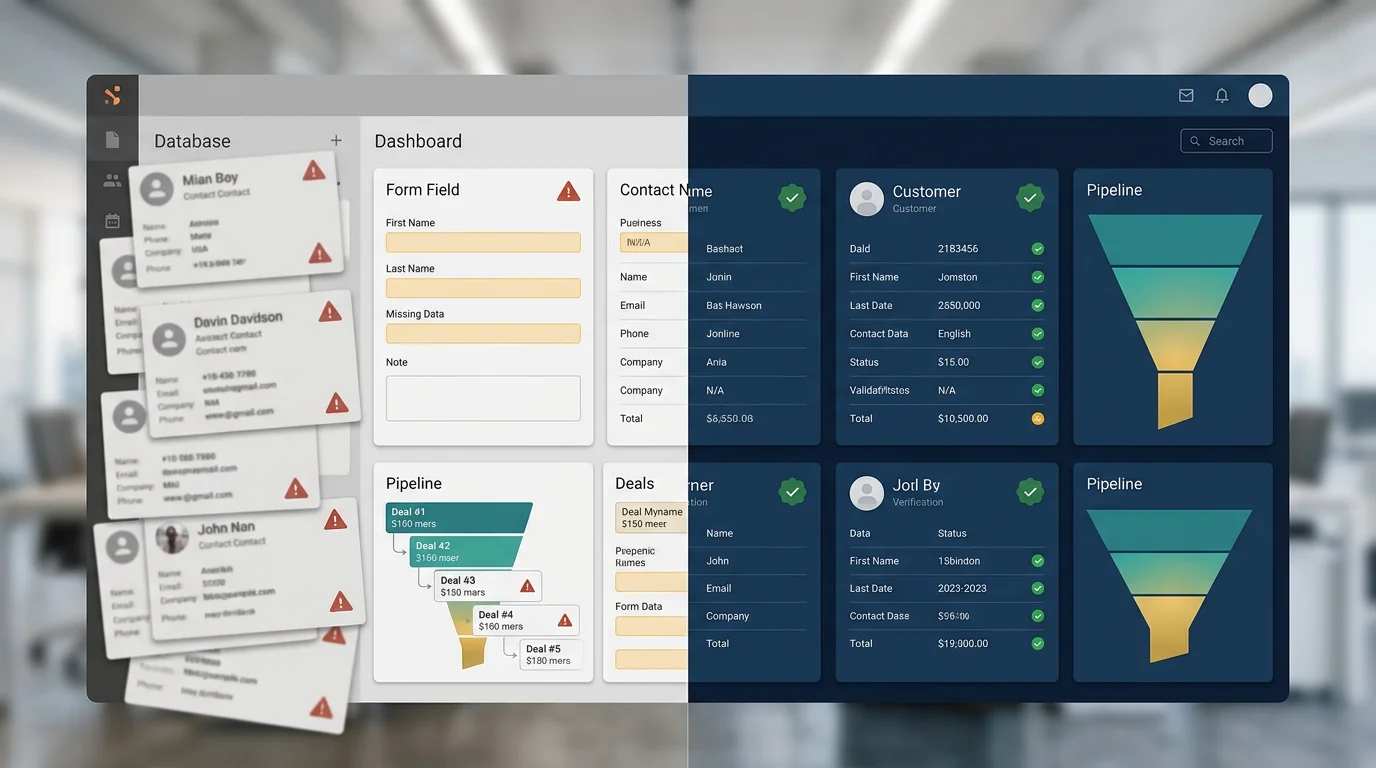 AI-powered CRM data hygiene dashboard showing clean customer records with real-time validation indicators for sales operations teams