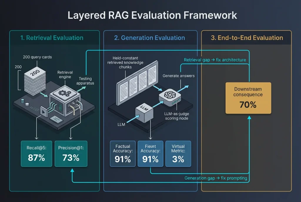 Separate evaluation of retrieval and generation in a RAG chatbot pipeline, with end-to-end as the downstream metric