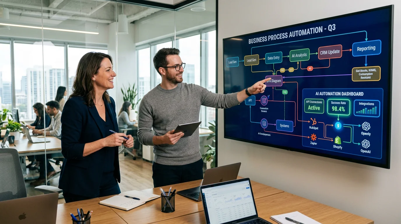 Business owner evaluating AI automation agency during consultation meeting with workflow dashboard