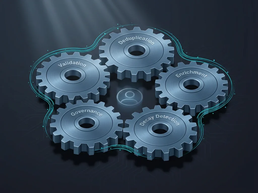 Five pillars of AI CRM data hygiene, validation, deduplication, enrichment, decay detection, governance, shown as connected continuous loop