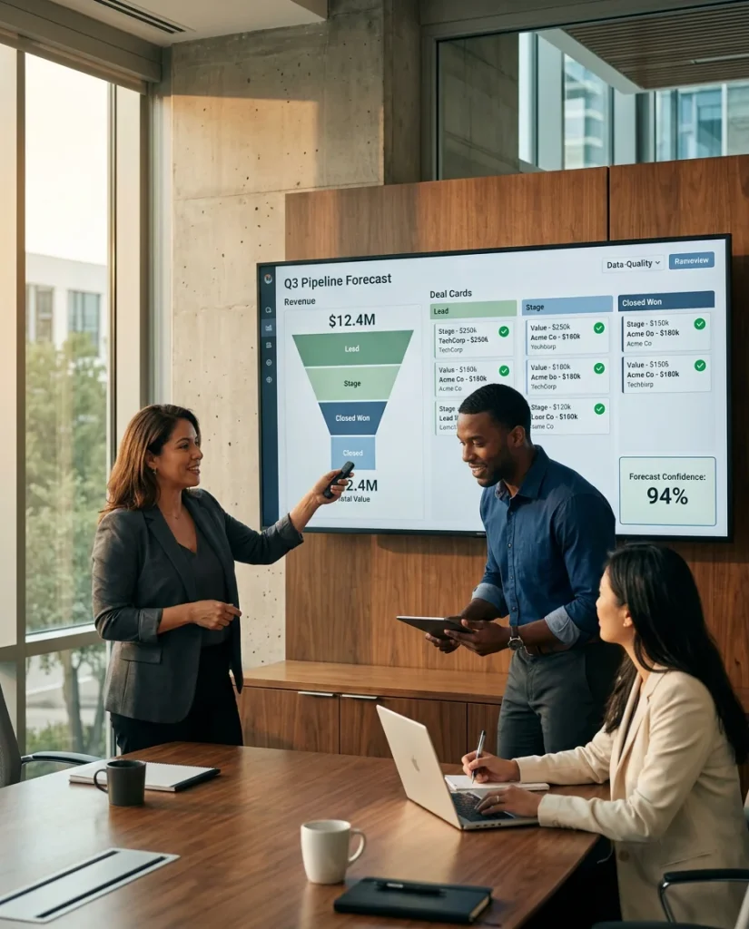 Sales operations team reviewing a trusted AI-cleaned pipeline forecast on a large display in a modern office environment
