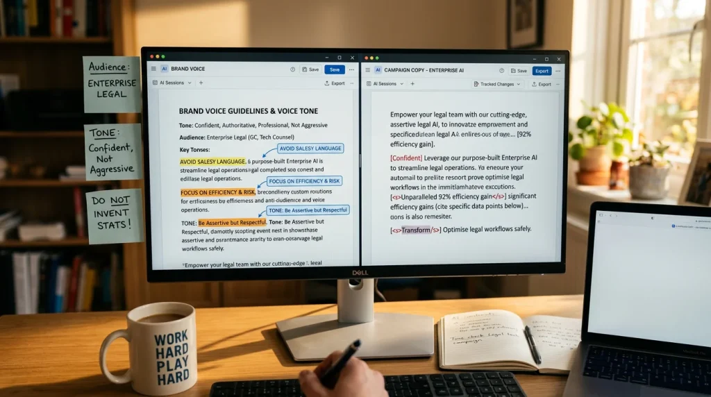 Marketing manager comparing AI-generated copy against a brand voice document with structured edits
