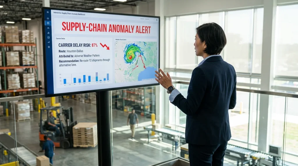 Operations leader reviewing an AI-flagged supply chain anomaly with attribution and recommended action