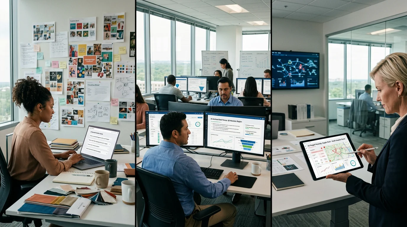 Three-panel view of marketing, sales, and operations workspaces each using AI in role-specific ways