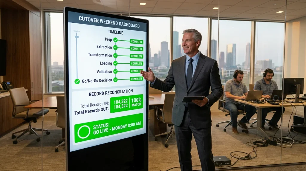 CRO reviewing a completed cutover-weekend migration dashboard with reconciled record counts in a Houston conference room