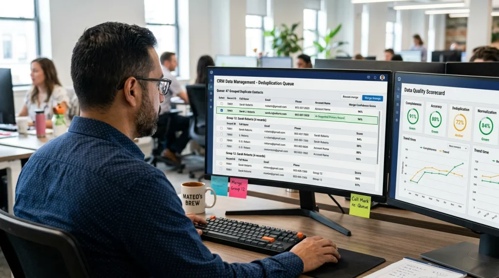 Sales operations analyst reviewing AI-suggested deduplication merges during CRM migration data preparation