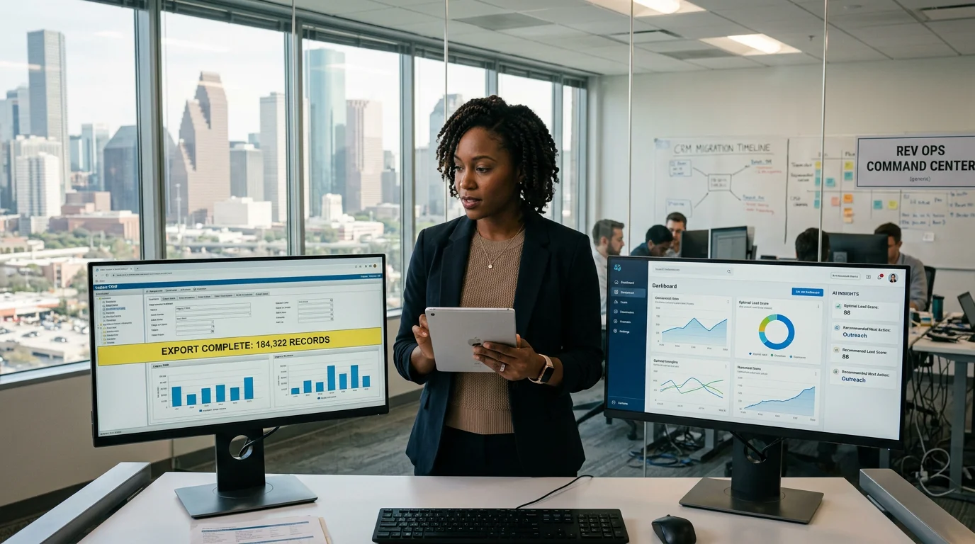 RevOps director validating record counts during a CRM migration with the legacy and new AI CRM displayed side by side