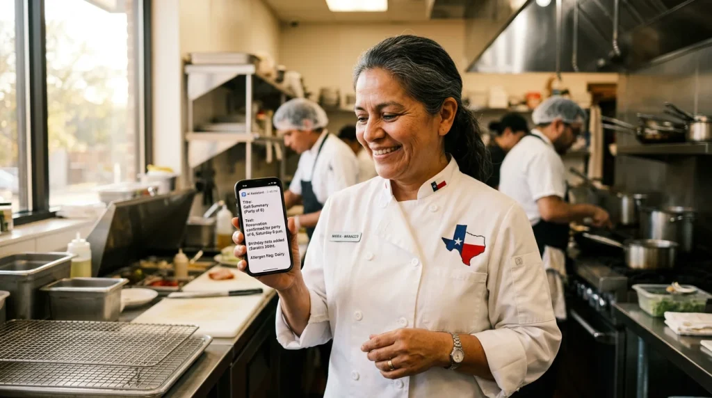Restaurant manager reviewing a voice AI reservation summary on her phone in a Houston kitchen
