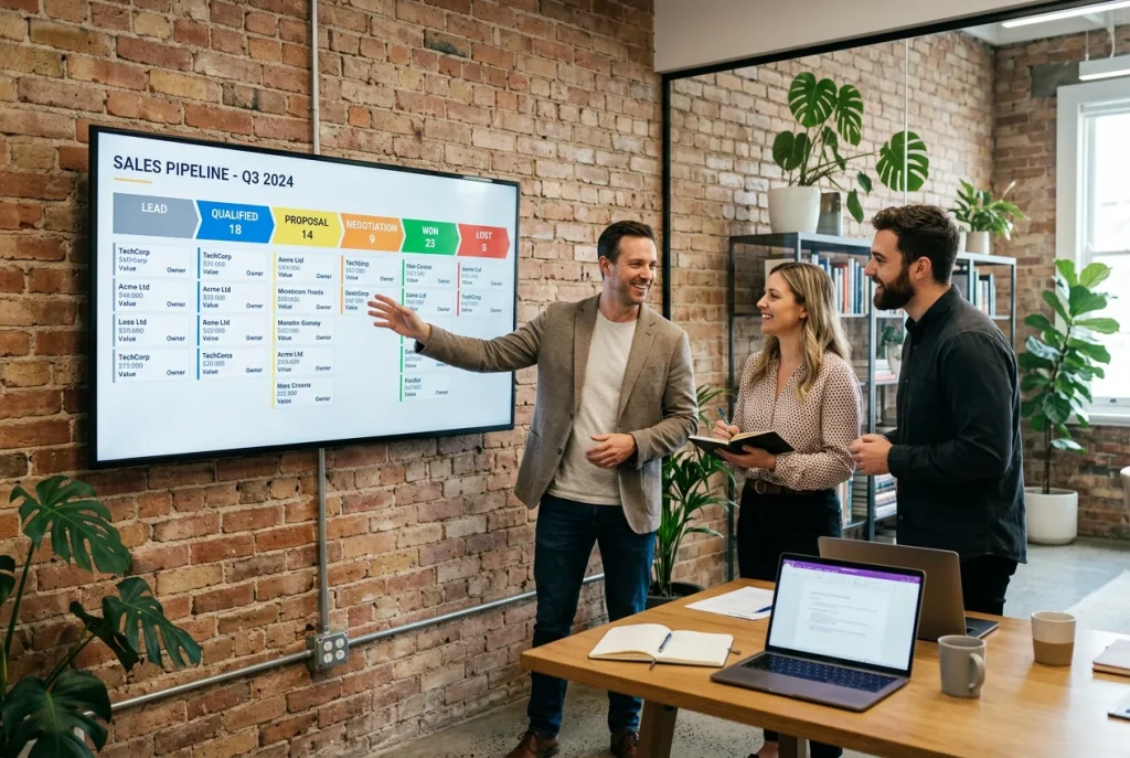 Small business team reviewing AI CRM pipeline dashboard during standing meeting