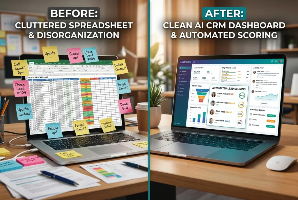 Before and after comparison of spreadsheet tracking versus AI CRM lead management for small business