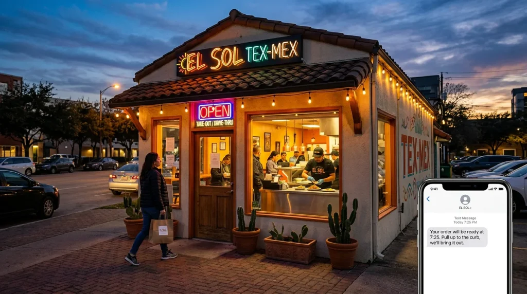 Houston Tex-Mex restaurant at dusk with a customer arriving for curbside pickup confirmed by voice AI