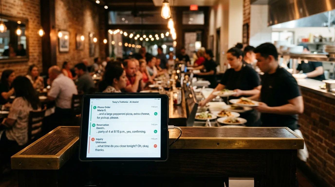 Houston restaurant host station with a voice AI dashboard showing three simultaneous calls during the Friday dinner rush