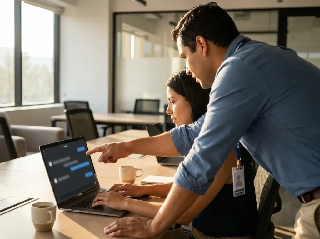 AI champion coaching a peer at a shared workstation in a modern office