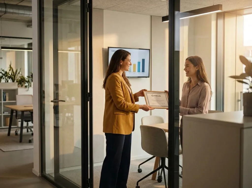 AI enablement lead presenting a champion certificate to a coworker in a huddle room next to the training space