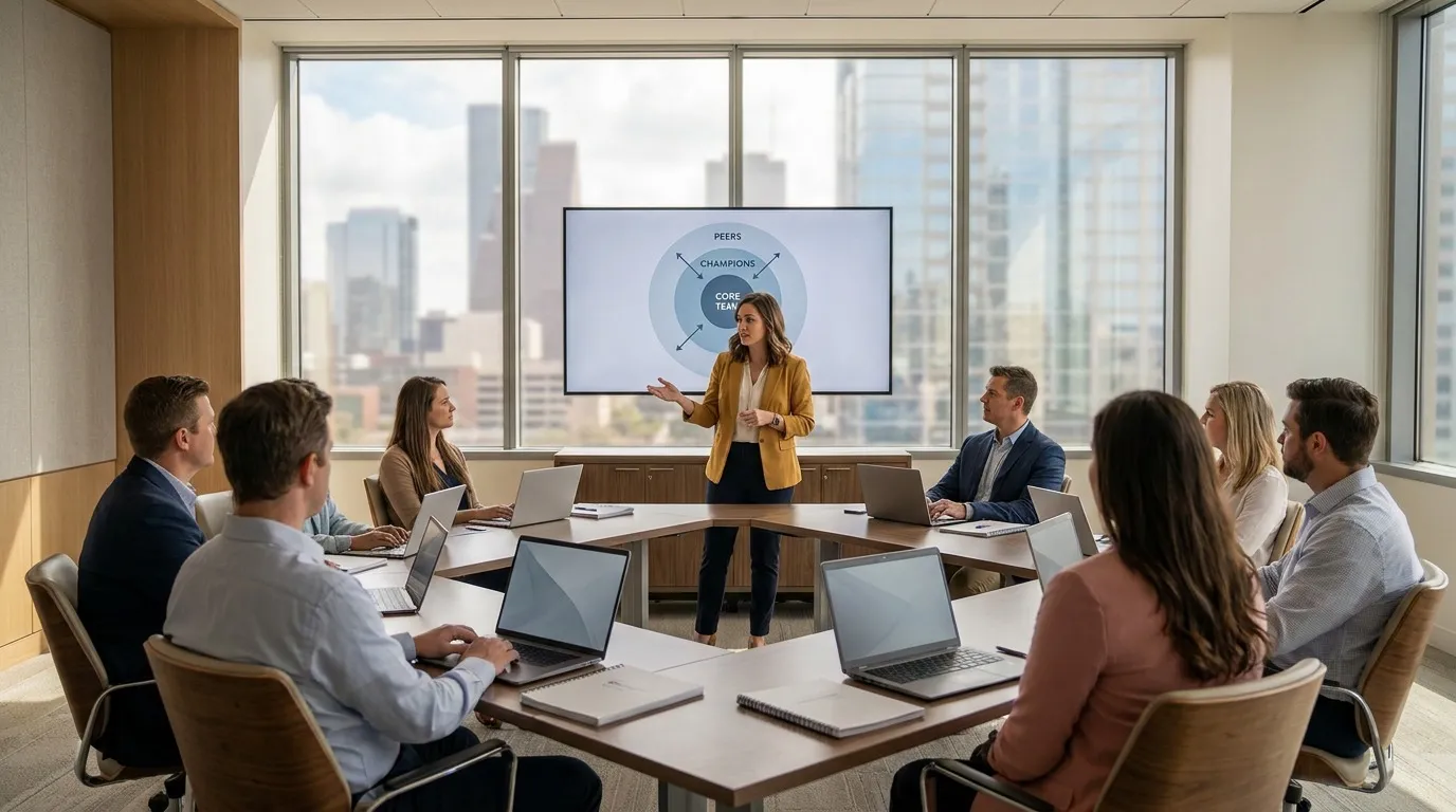 AI enablement lead facilitating a train-the-trainer workshop with eight professionals beside a concentric-circle diagram on a wall display