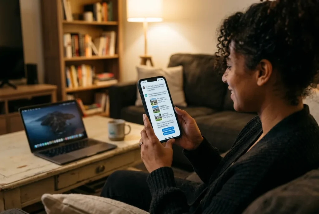 Buyer reviewing AI chatbot real estate listing recommendations on phone at 9:47 p.m.