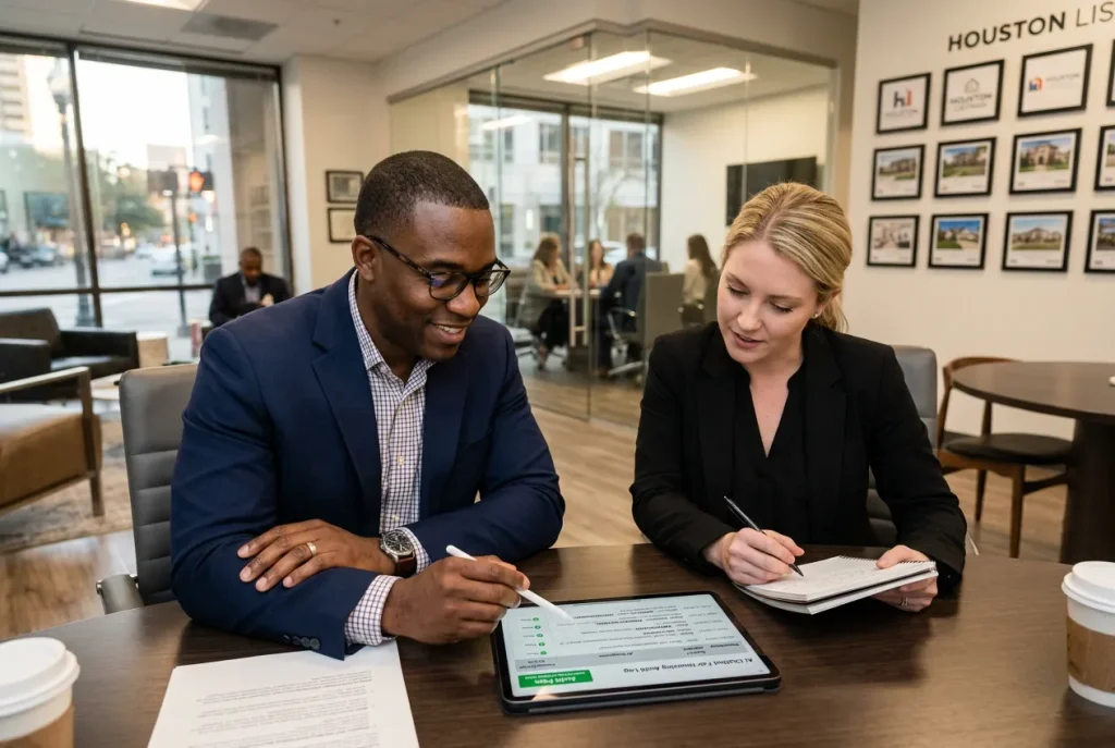 Broker and compliance officer reviewing an AI chatbot fair housing audit log at a Houston brokerage