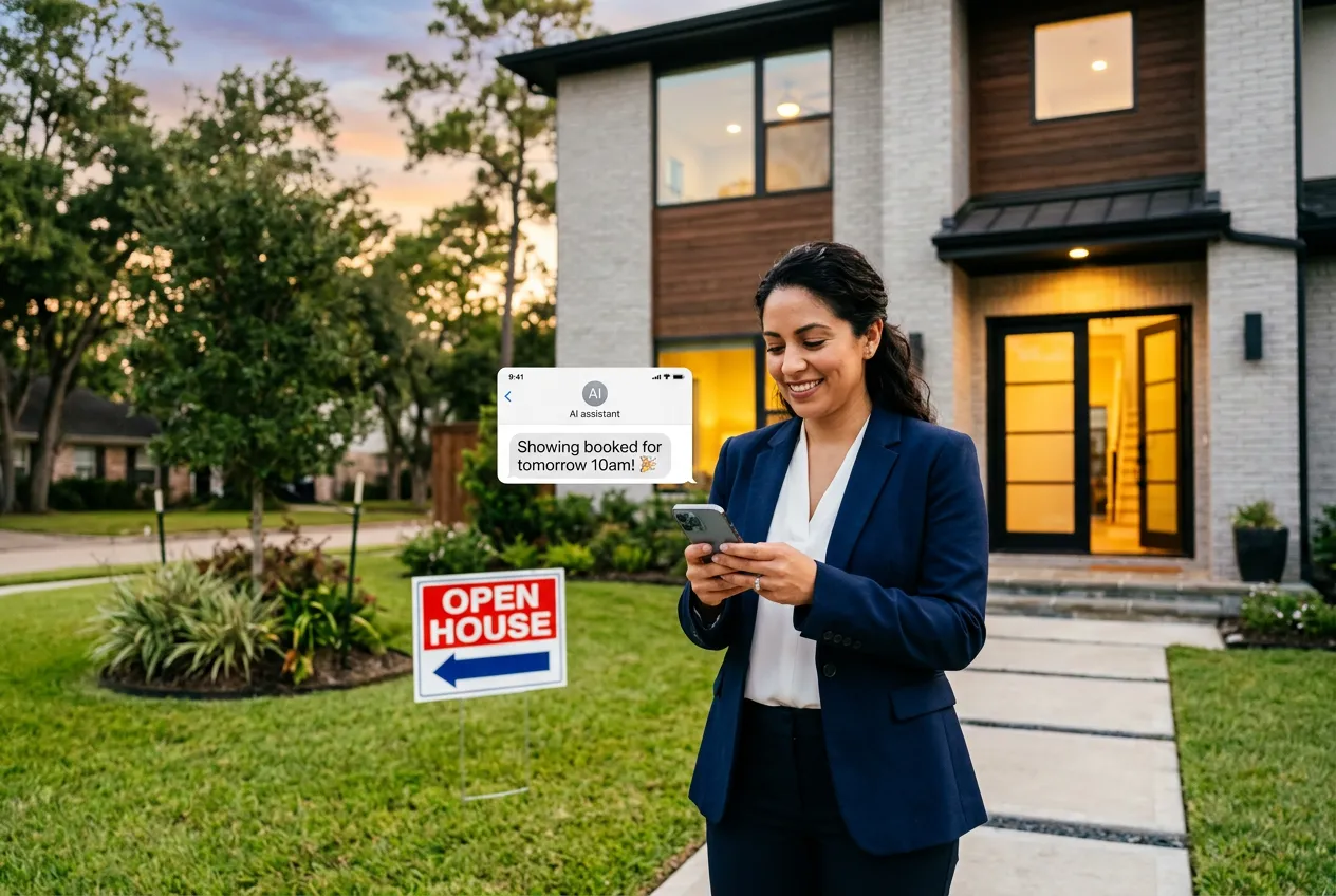 Houston real estate agent holding a phone showing an AI chatbot booking a showing at a suburban home at golden hour