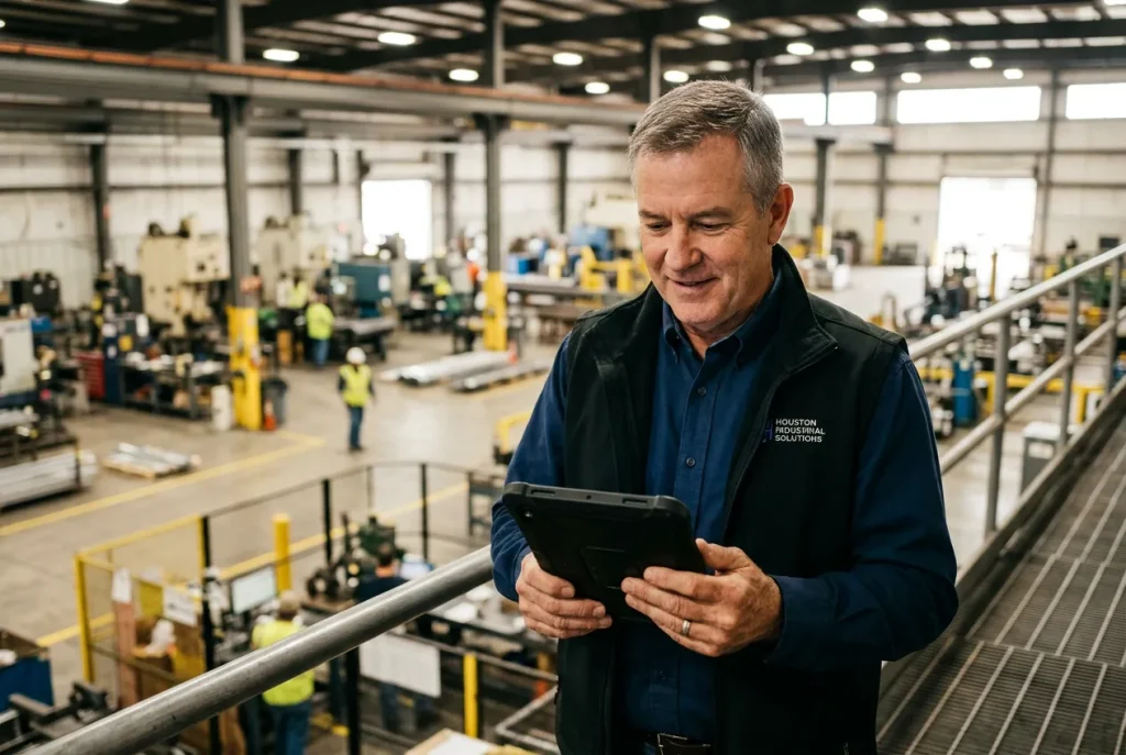 Sales manager reviewing an AI anomaly alert on a tablet at a Houston industrial site