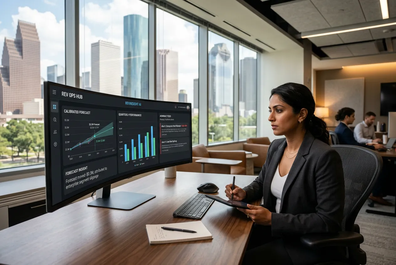 Revenue operations leader reviewing an AI CRM dashboard with calibrated forecast and anomaly feed