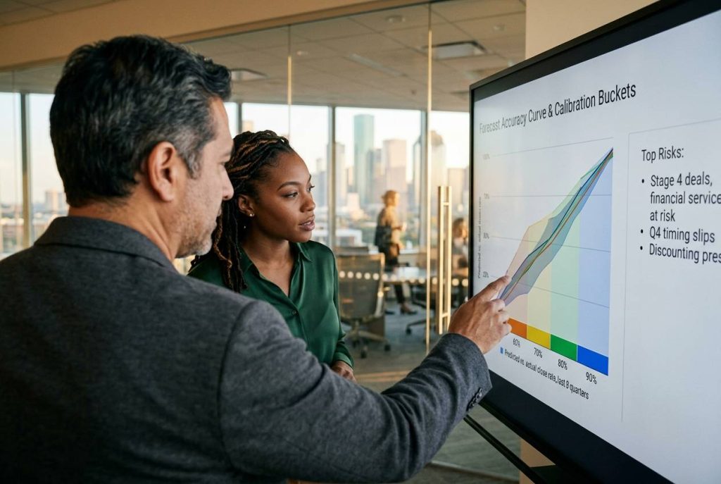 Two revenue leaders reviewing an AI forecast calibration curve in a Houston conference room