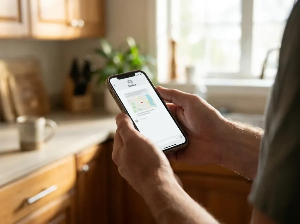 Homeowner viewing a service confirmation message with a map thumbnail on his phone in the kitchen