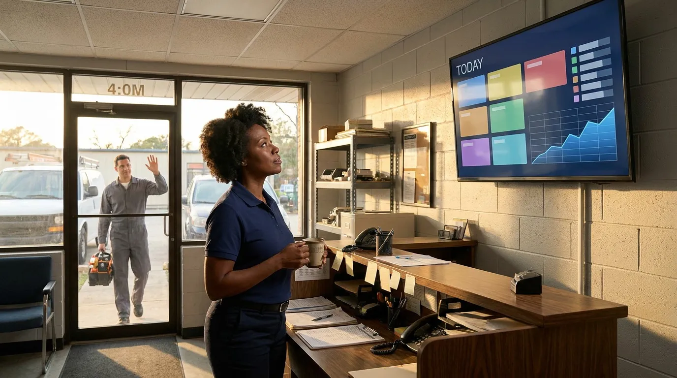 Office manager at a Houston HVAC service business watching an abstract live dashboard on a wall display in the front office