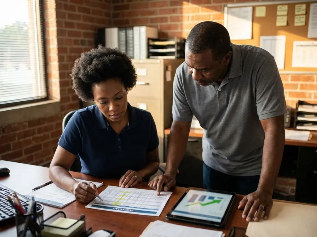Service business owner and office manager reviewing a printed quarterly scorecard at a desk in the same Houston service business office