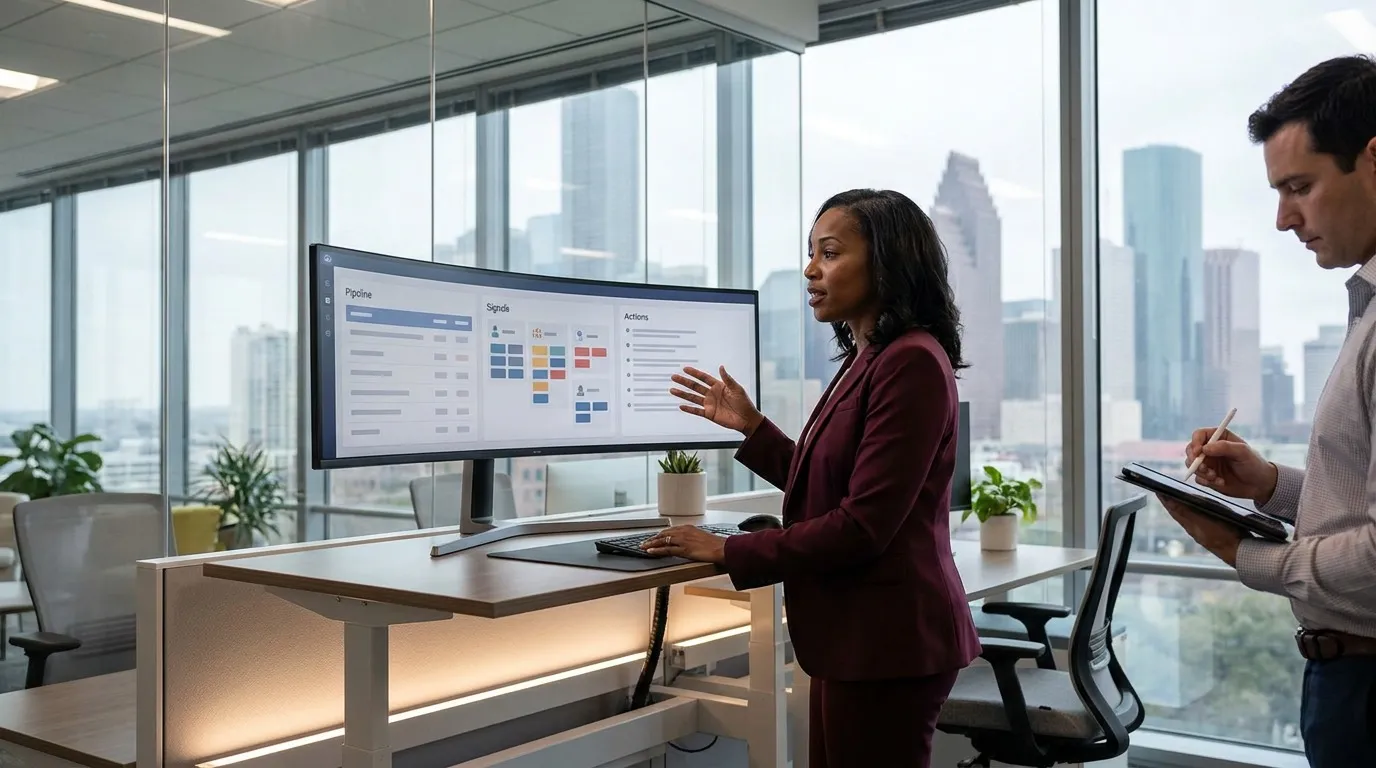 VP of RevOps and sales director reviewing an abstract three-panel deal intelligence layout on a large monitor in a Houston RevOps command room