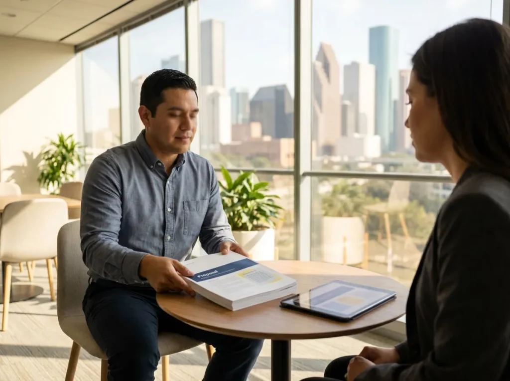 Sales operations manager presenting a printed proposal to a buyer in a Houston conference room with a companion tablet view
