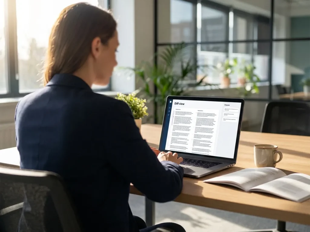 Sales operations colleague reviewing an abstract document diff view on a laptop in the same Houston revenue operations office