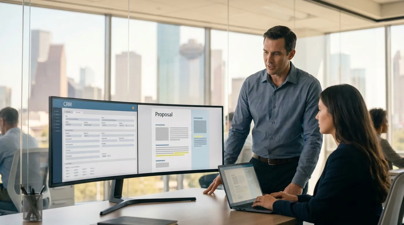 Sales operations manager and colleague reviewing a split-screen document assembly workspace in a Houston revenue operations office