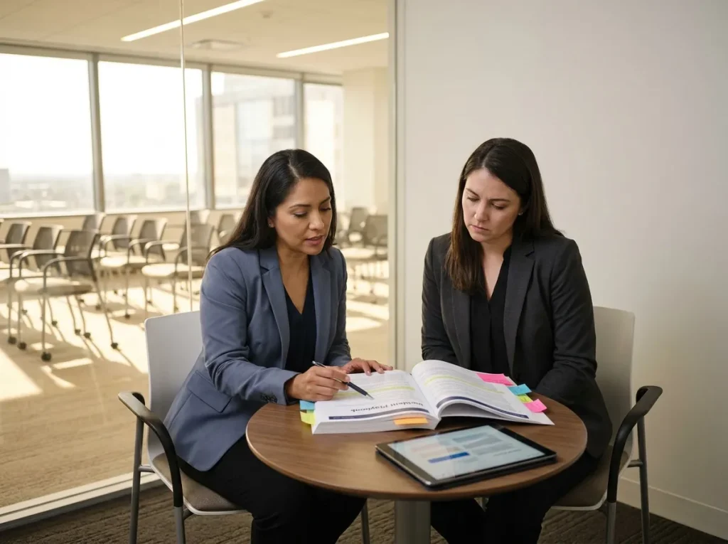 AI ethics facilitator and legal colleague reviewing a printed playbook document in a Houston huddle room