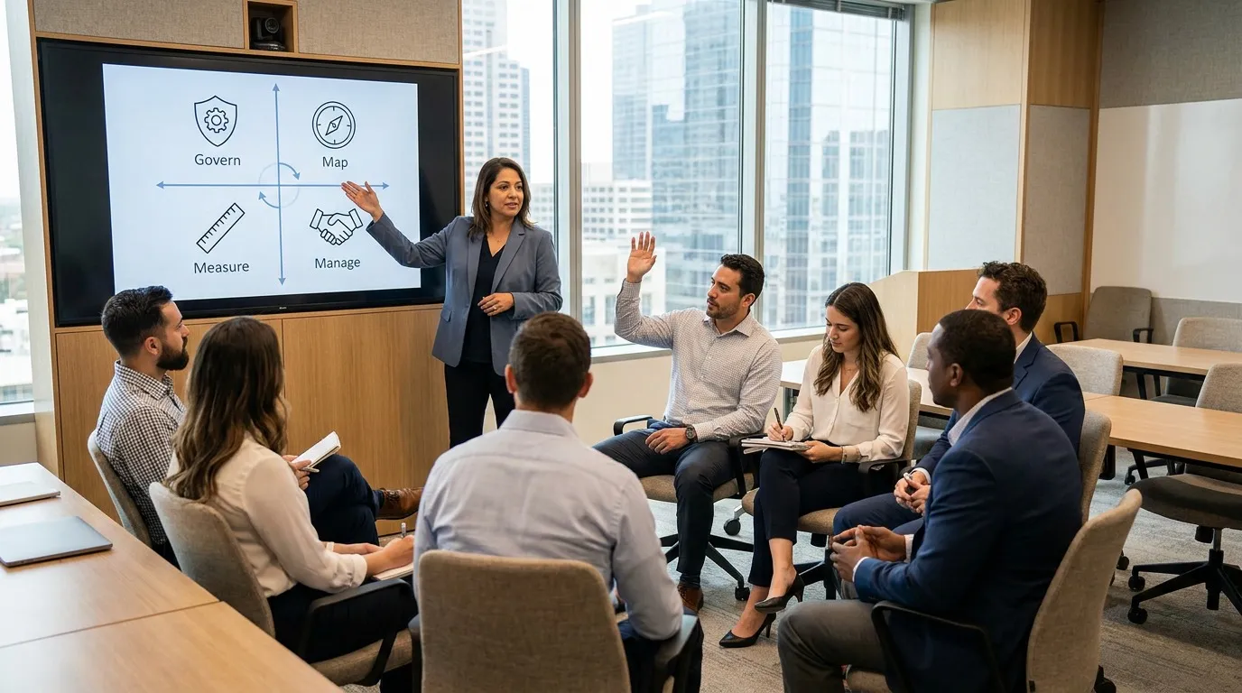 AI ethics facilitator leading a workshop with a cross-functional team beside a four-quadrant diagram on a wall display in a Houston training room