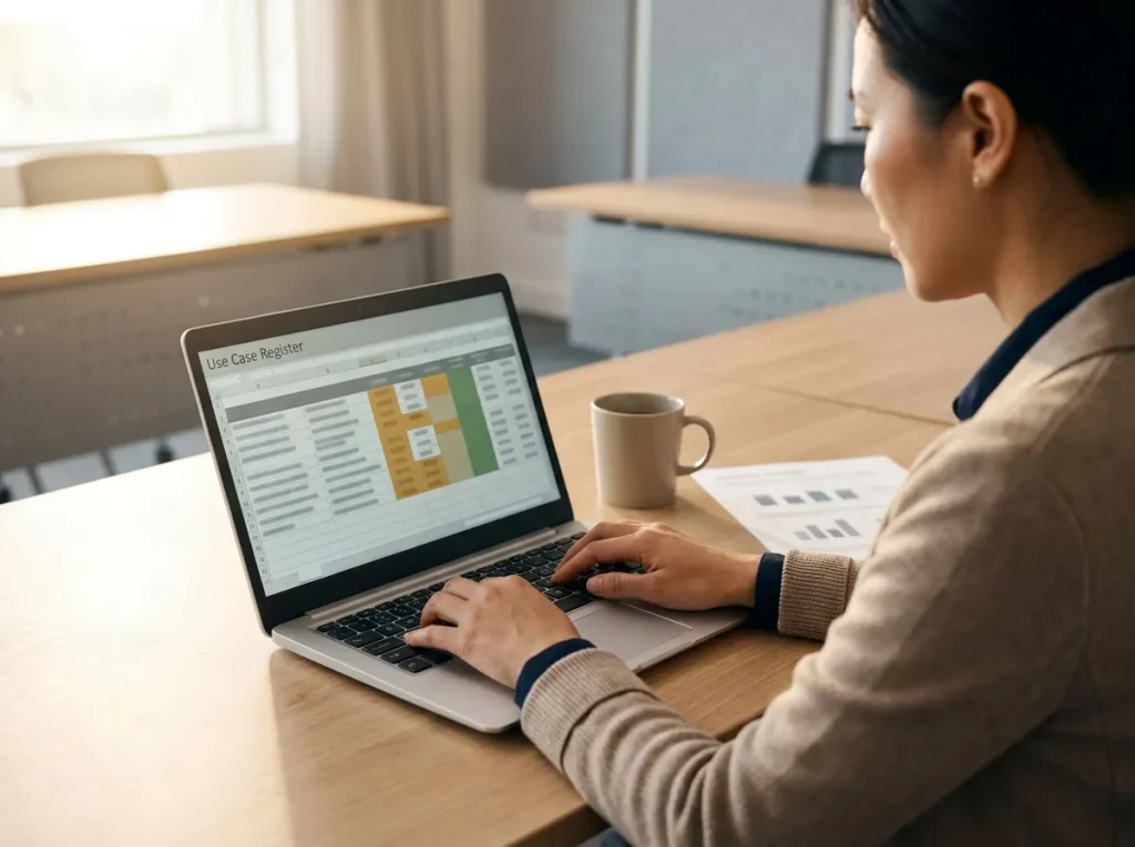 Workshop participant annotating an abstract spreadsheet layout on her laptop at a training-room desk