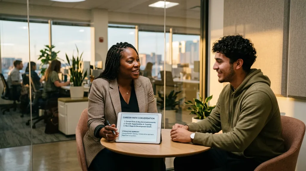 Manager and engineer in a one-on-one career conversation with discreet AI-generated talking points on a tablet