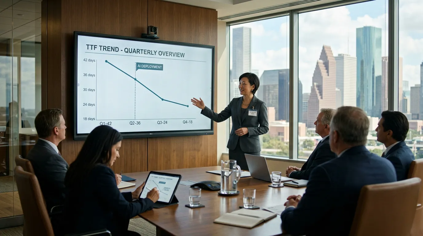 CHRO presenting a quarterly time-to-fill trend line compressing from 42 days to 18 days after AI deployment to senior leaders in a Houston conference room