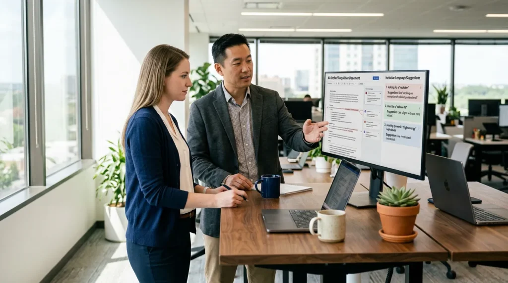 Hiring manager and recruiter co-editing an AI-drafted requisition with inclusive-language suggestions at a standing desk