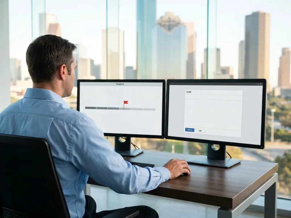 CS operations lead reviewing a flagged account timeline and draft outreach on a dual-monitor setup in the same Houston office