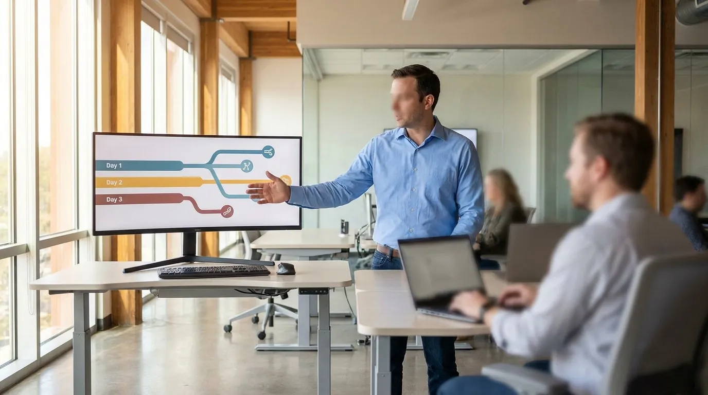 CS operations lead standing at a monitor with an abstract customer journey visualization in a modern Houston customer success workspace