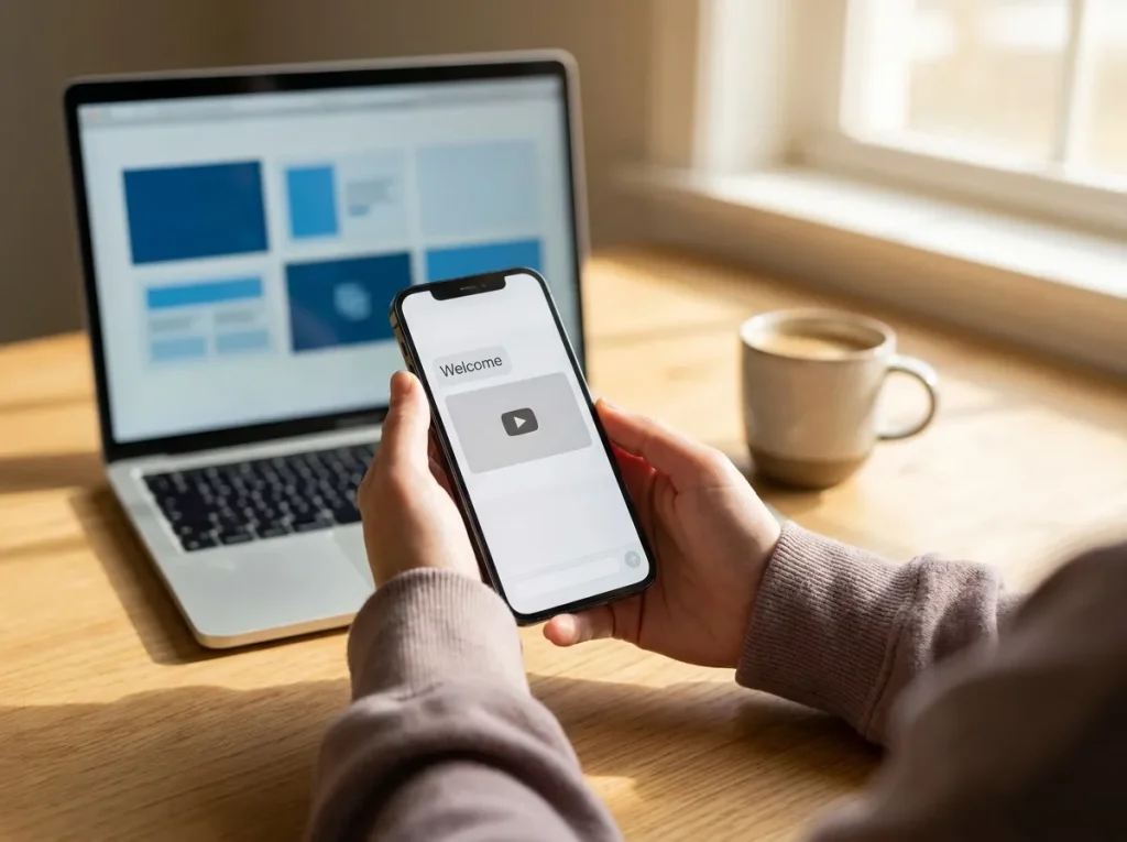 New customer viewing a personalized onboarding video card on their phone at a home-office desk