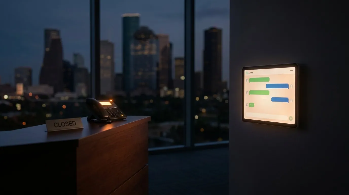 Split-frame view of an empty after-hours reception desk with a ringing phone next to an illuminated wall device showing a conversation interface