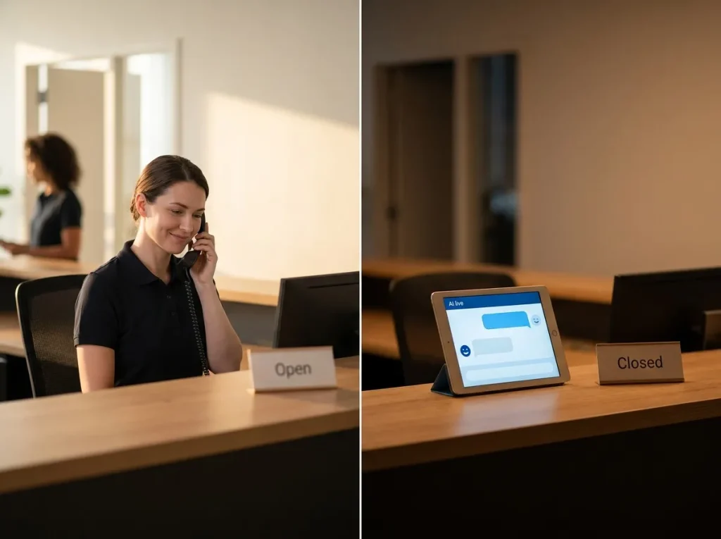 Two-panel day-and-night comparison of a receptionist at the desk during business hours and an illuminated device handling calls after hours at the same reception