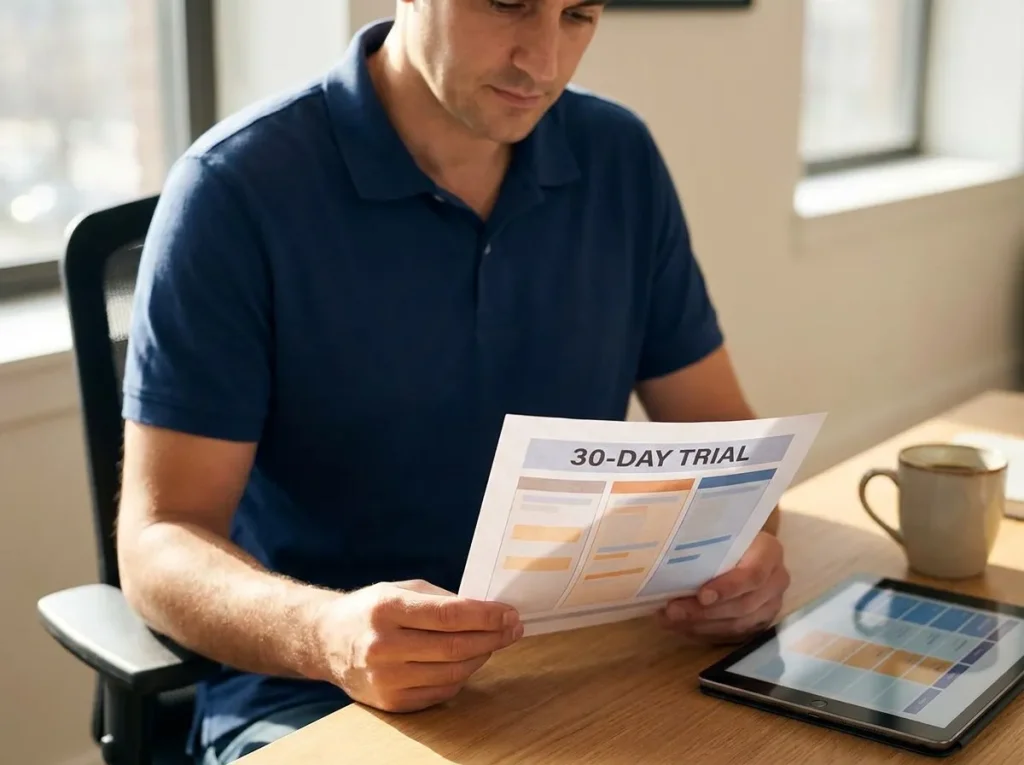 Small-business owner reviewing a printed three-column comparison report at his desk in the same office