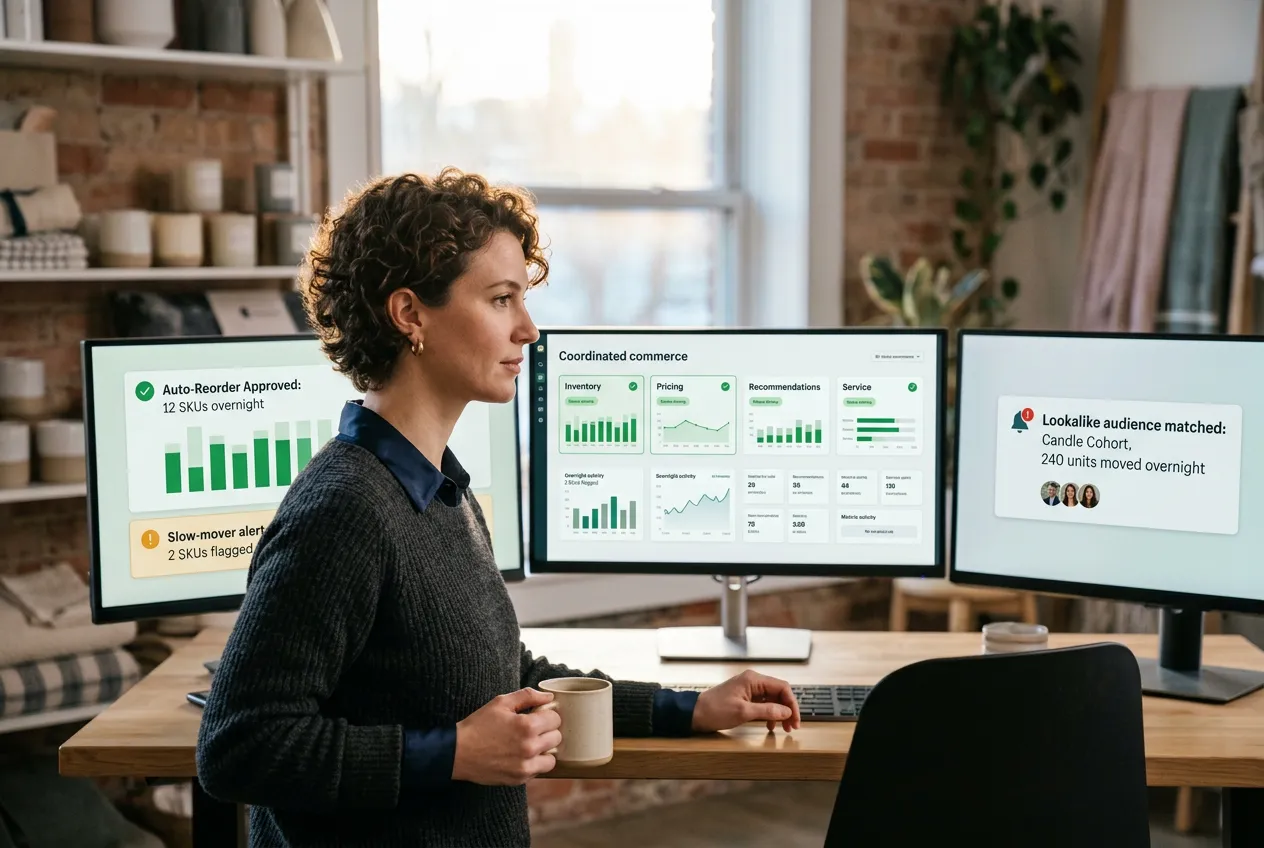 E-commerce merchant viewing AI-driven operations dashboard at 7am showing automated inventory reorder, dynamic pricing adjustment, personalized recommendations active, and customer service ticket resolution