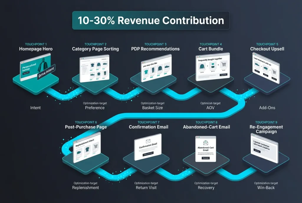 Nine personalization touchpoints across the e-commerce customer journey from homepage hero through re-engagement campaign