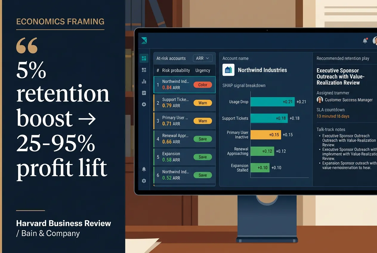 Customer retention economics dashboard showing the HBR 5 percent retention to 25 to 95 percent profit math alongside AI prediction and SHAP signal breakdown