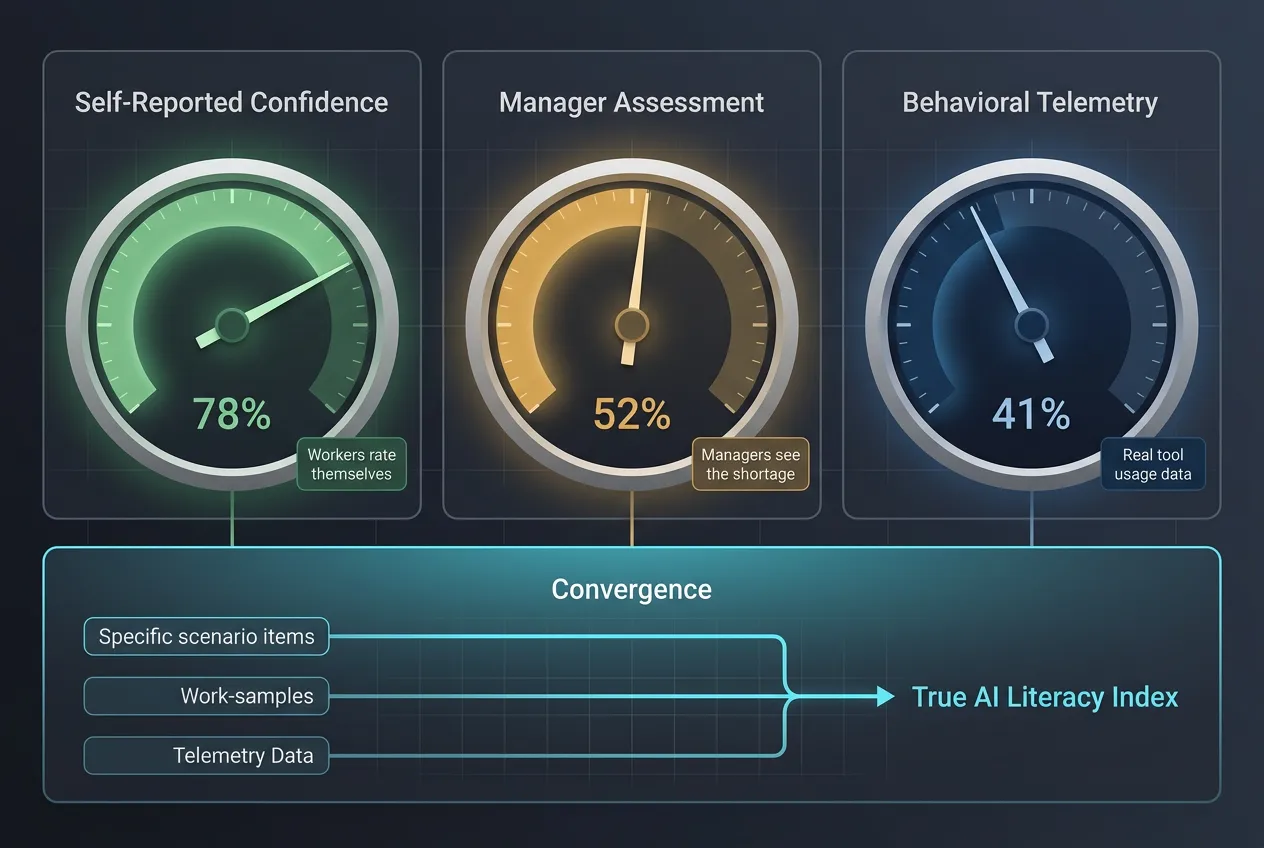 AI literacy perception gap visualization showing workers self-rating high while managers and behavioral telemetry reveal lower actual capability